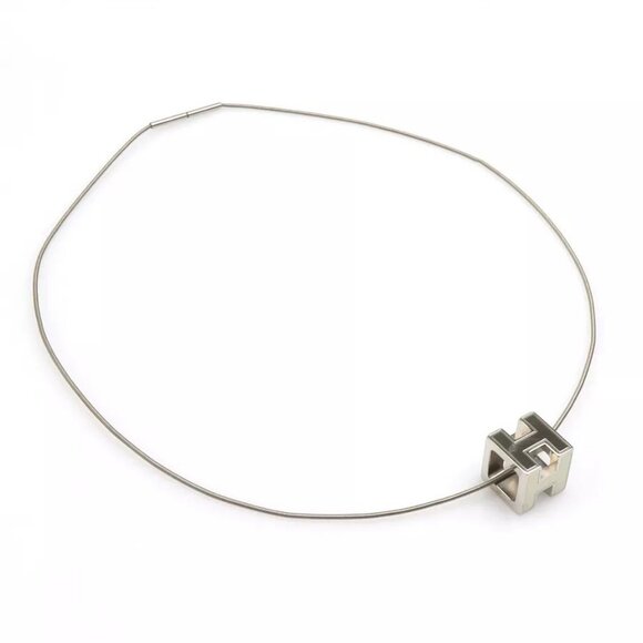 Auth HERMES H Cube Pendant Necklace Silver/Off White Metal/Enamel - Picture 1 of 13